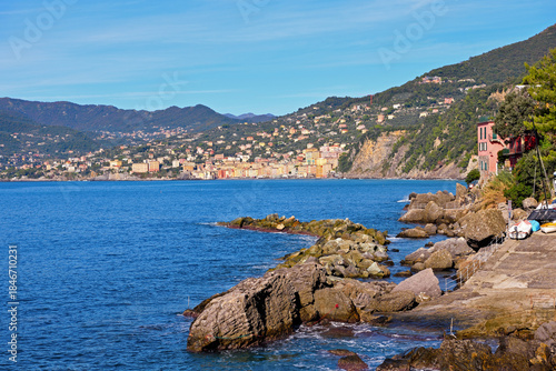 Panoramic view of Camogli and Punta Chiappa, in Liguria, Italy