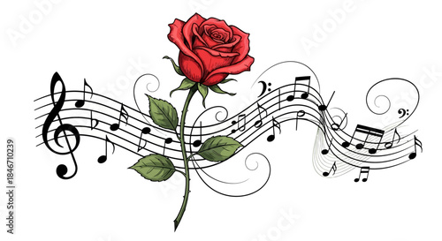 A Red Rose with Floral Music Notes on a White Background Displaying Artistic Integration