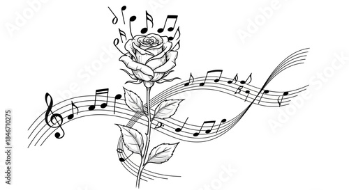 Elegant rose encircled by musical notes evokes a melodic botanical expression