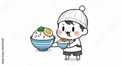 Delightful cartoon illustration of a boy holding two bowls filled with steaming delicious rice