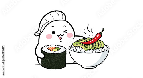 Charming sushi chef cartoon character presents delicious sushi roll and rice bowl meal