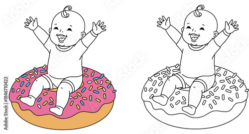 A cartoon vector image with a black and white outline for a coloring book page a sweet food theme for children and a cute happy baby sitting inside a large pink donut