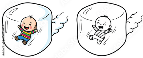 A humorous culinary figure for children a vector image with a black and white outline for a coloring book page and a cute cartoon baby boy sliding on a large white marshmallow