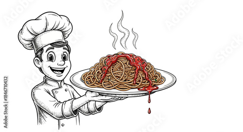 Charming cartoon chef presenting a steaming plate of spaghetti with vibrant tomato sauce in a