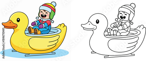 An amusement park ride a vector drawing with a black and white outline for a coloring book page and a happy cartoon child dressed for winter riding a yellow duck sled