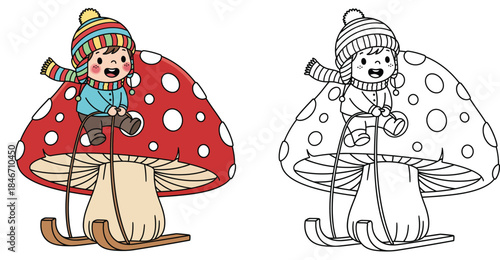 Adorable cartoon kid sledding on a massive red mushroom a page from a winter coloring book and a vibrant vivid vector illustration for kids entertainment and education