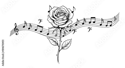 Floral melody rose and musical notes gracefully intertwined expressing harmony