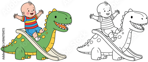 Playground fun with this adorable cartoon baby boy sliding on a green dinosaur slide It is a vector illustration with a black and white outline for a coloring book page