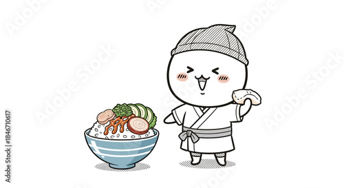 Cartoon depiction of a cheerful chef presenting a bowl of rice topped with delicious toppings