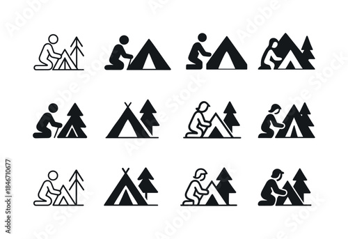 Tent Setup Icons. Setting up a tent. Icon set. Set Logo of setti