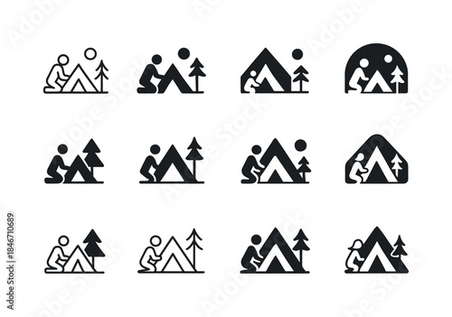 Tent Setup Icons. Setting up a tent. Icon set. Set Logo of setti