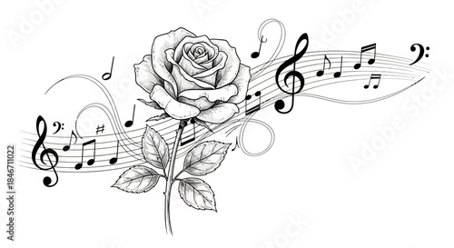 Floral harmony: a delicate rose intertwined with flowing musical notes in monochrome style