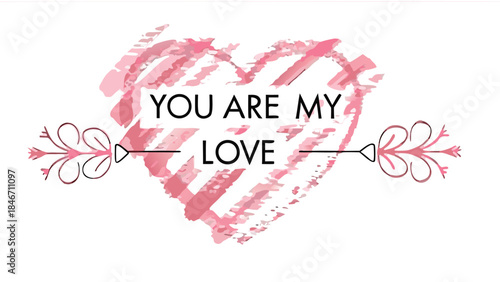 Painterly pink heart with arrow and romantic text in watercolor style