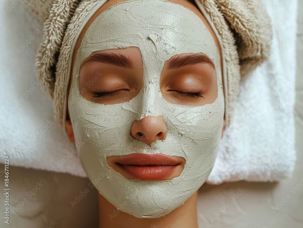 Fototapeta premium Woman with Clay Face Mask at Cosmetologist — Top View on Creamy Background