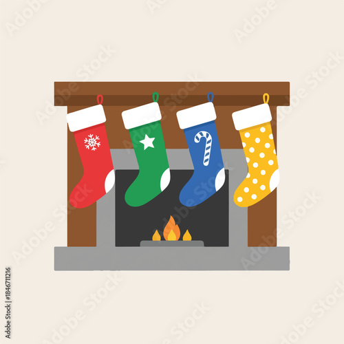 Four colorful Christmas stockings hanging by a fireplace with a warm glow. Perfect for holiday cards, festive decorations, and seasonal greetings.