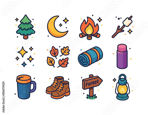 Woodland Evening Icons. woodland evening. Colorful isometric vec