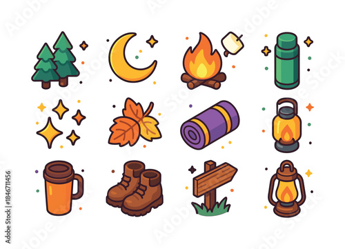 Woodland Evening Icons. woodland evening. Colorful isometric vec