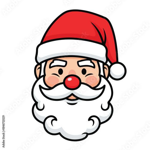 A cartoon illustration of Santa Claus wearing a red hat with white trim, featuring a cheerful expression and rosy cheeks on a white background. Perfect for Christmas, holiday cards, and