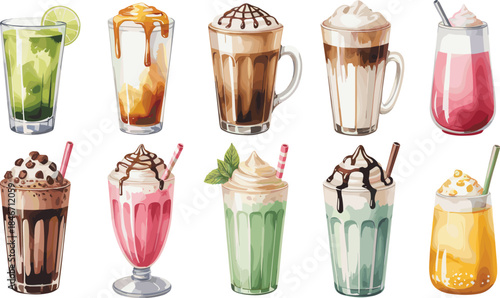 Beautiful Watercolor Collection of Sweet Milkshakes, Iced Coffees, Smoothies, and Refreshing Beverages for Cafe Menu and Summer Drinks Design