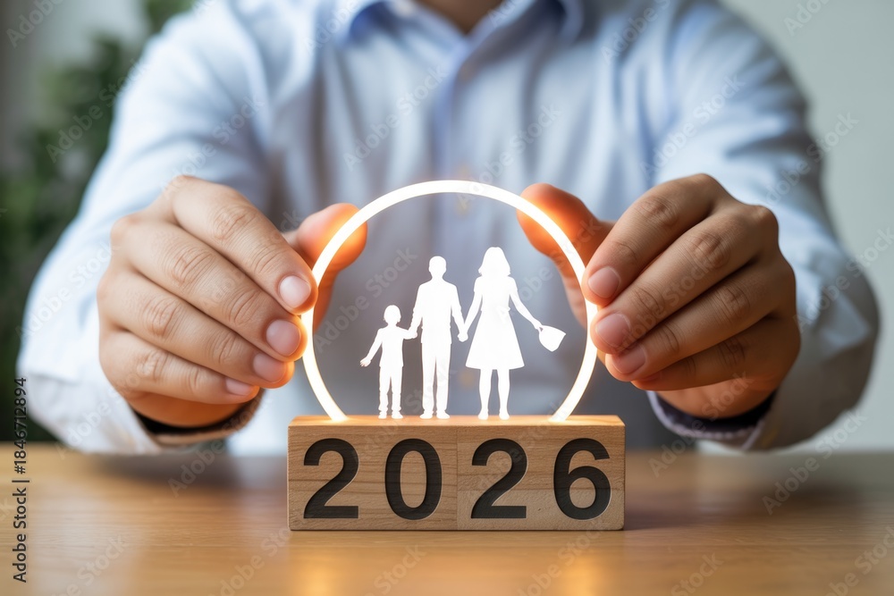 custom made wallpaper toronto digitalBusinessman holds glowing family outline over 2026 blocks representing future financial planning for advertising.