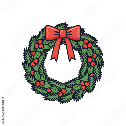 A festive Christmas wreath with a red bow and holly berries on a white background. Perfect for holiday cards, decorations, and seasonal marketing materials.