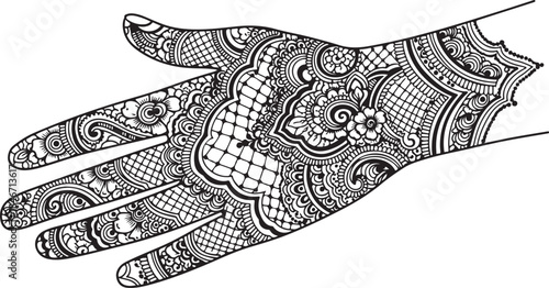 Illustration of detailed henna tattoo design on a hand with ornate patterns and motifs