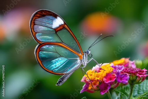Beautiful glasswing butterfly resting on colorful flowers in a vibrant garden setting