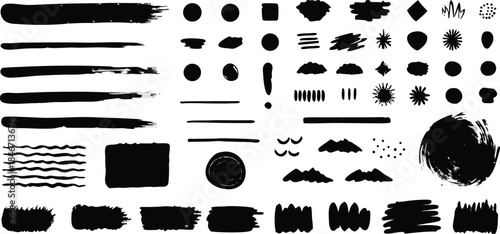 Black brush stroke, grunge, and abstract design elements set on a white background.