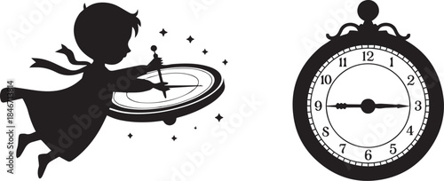 Witch and clock vector illustration, magical witch with spooky clock, Halloween and fantasy themed flat or silhouette design, isolated artwork