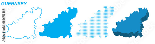 Guernsey Map Vector Set, Europe Outline Silhouette Dotted 3D Solid Shapes, Guernsey Island Infographic Template, Editable EPS Guernsey Geography