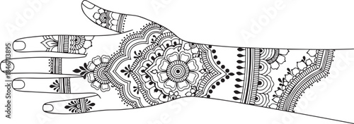 Illustration of intricately designed henna tattoo on a hand with floral patterns