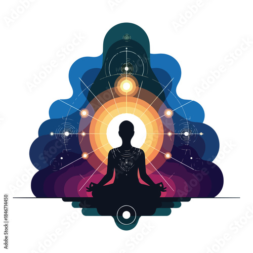 A silhouette of a meditating person in lotus position with a vibrant, glowing aura and celestial elements in the background. Perfect for wellness, spirituality, and meditation materials.