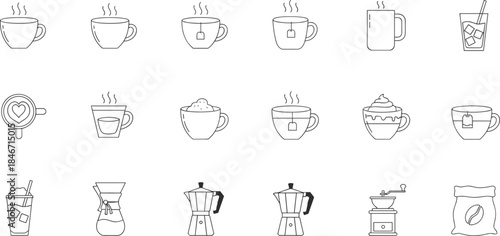 drink, coffee maker, moka pot, grinder, beans, beverage symbols, vector set, cafe tools, hot drinks, icon collection