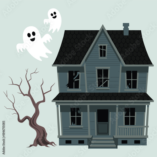 Spooky Haunted House Vector Illustration with Cute Smiling Ghosts and Creepy Dead Tree for Halloween Decorations and Party Designs