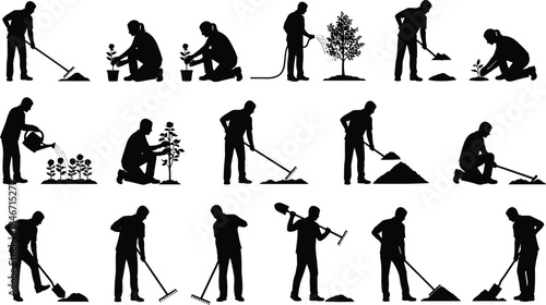 Gardening and Farming Silhouettes Vector Set People Planting Watering Digging Raking Working in Garden Agricultural Activities Hobby Outline Graphic