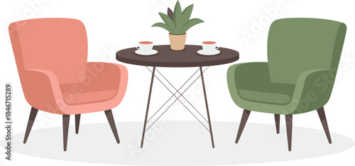 Cozy Minimalist Interior Design Vector Illustration Featuring Two Armchairs, Coffee Table, and Potted Plant, Perfect for Conversation and Relaxation Space.