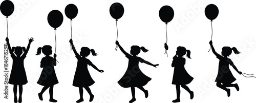 Girls silhouette, balloon play, childhood joy, playful pose, black silhouette, vector art, freedom, happiness, minimal, whimsical, ponytail girls, dress, floating, outdoor fun, silhouette design,