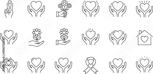 Love and Care Icons Set Vector Outline Graphic Hand Holding Heart Flower Donation Charity Health Awareness Symbol Relationship Empathy Compassion