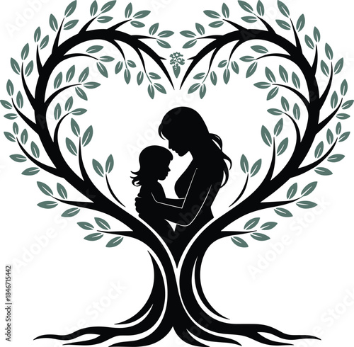 Silhouette of mother embracing baby or child within a heart-shaped tree with leaves, symbolizing love and family.