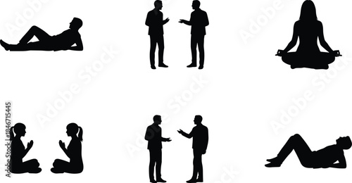 People Silhouettes Vector Set Communication Discussion Meditation Pose Lying Down Figure Human Interaction Relaxation Wellness Lifestyle Outline Graphic