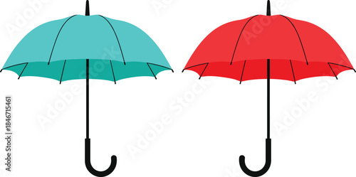 Colorful umbrella vector illustration set with turquoise and red rain umbrellas, simple weather protection icons isolated on white background