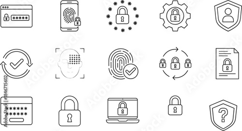 Security and Authentication Icons Set Vector Outline Graphic Password Lock Shield Biometric Fingerprint Face Scan Encrypted Document Digital Privacy Protection