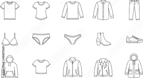 Set of Clothing and Footwear Icons Vector Collection Outline Graphic Elements Featuring Shirts Pants Underwear Jacket Shoes Fashion Garments Apparel