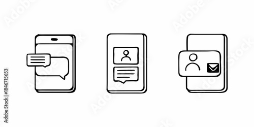 Modern Line Art Icons Illustrating Digital Communication, User Profile Management, Messaging Applications, and Online Contact Functions on Mobile Devices