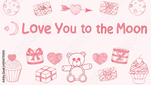 A cute teddy bear with a cupcake and gift box nearby and an arrow through heart