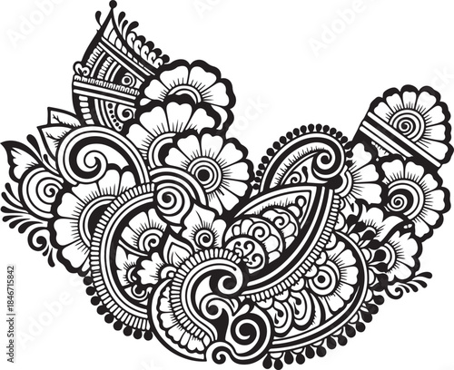 Illustration of intricate black and white paisley design with flowers