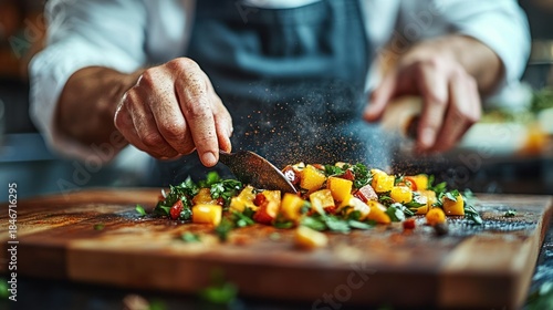 Chef preparing colorful diced vegetables on a wooden board