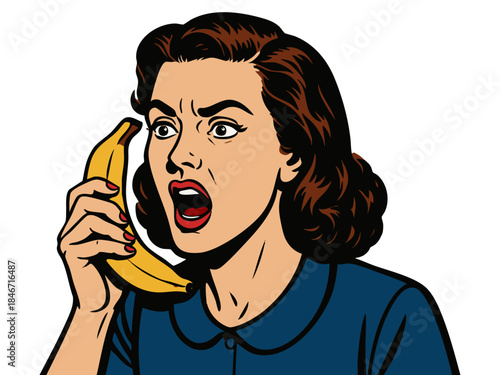 surprised woman holding a banana like a phone, shouting with an expressive and dramatic face. Generative ai vector colorful pop art illustration.