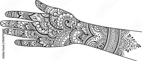 Illustration of detailed henna hand design on for coloring book pages
