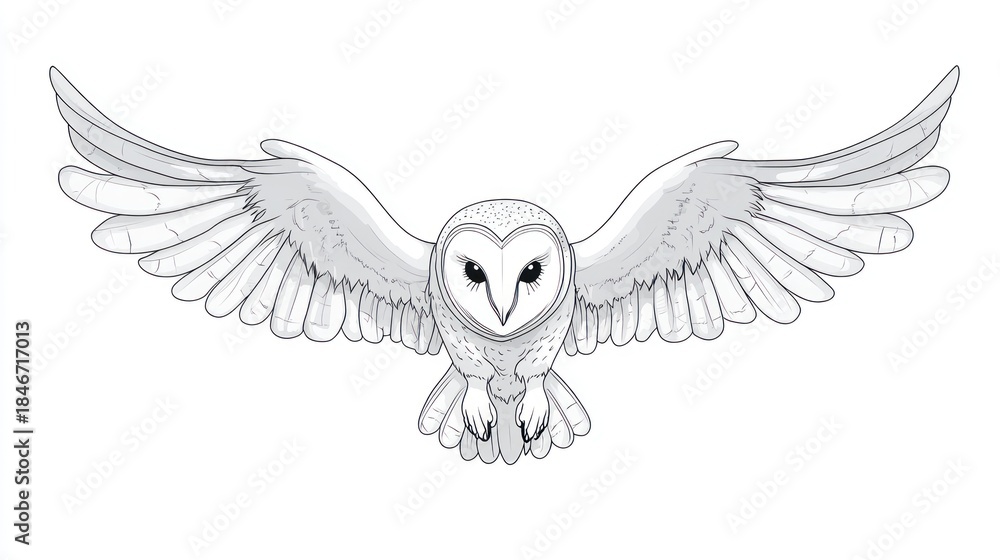 Fototapeta premium Barn owl in flight, white background, wildlife illustration, design element